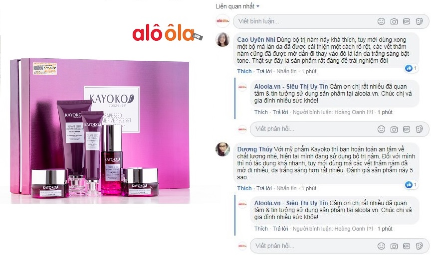 Bộ mỹ phẩm trị nám Kayoko review trên fanpage aloola.vn