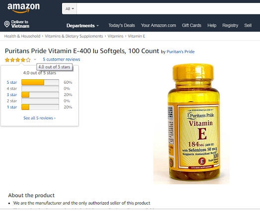 Vitamin E400 IU Natural Puritans Pride 100 Viên