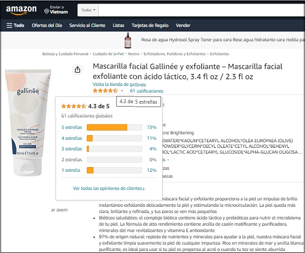 gallinée prebiotic face mask & scrub được đánh giá 4.3/5 sao trên trang amazon