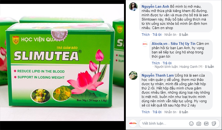 chia sẻ của khách hàng trên fanpage aloola về trà giảm cân slimutea