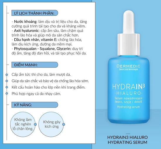 Dermedic Hydrain3 Hialuro Hydrating Serum cấp ẩm cho da khô