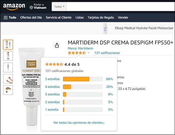 martiderm pigment zero dsp fps50+ cream được đánh giá 4.4/5 sao trên trang amazon