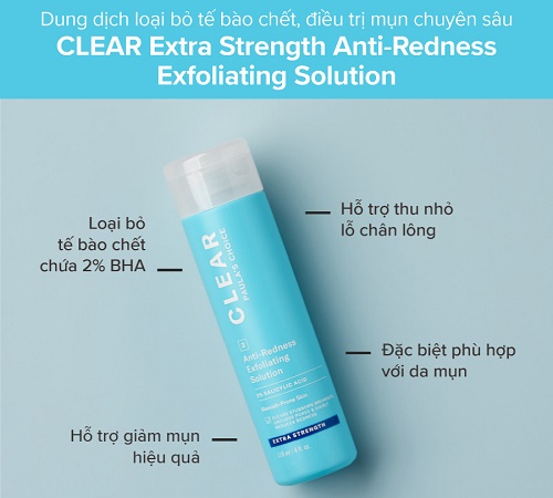 clear extra strength anti redness exfoliating solution giúp làm sạch da, ngăn ngừa mụn