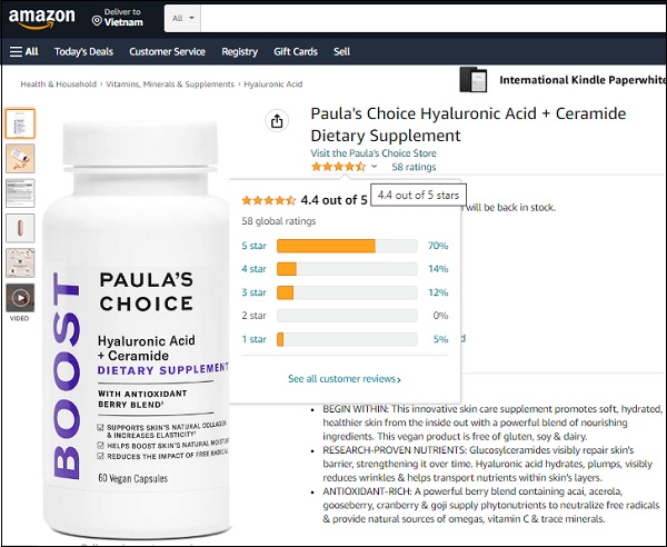 paulas choice hyaluronic acid + ceramide dietary supplement được đánh giá 4.4/5 sao trên Amazon